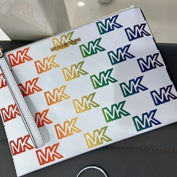 Michael kors XL zip clutch wristlet optic white multi Rainbow - Picture 2 of 8